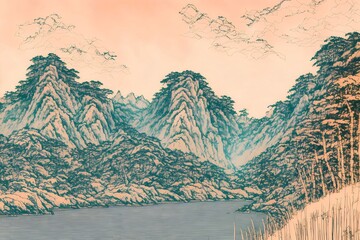 Poster - 墨絵スタイルの山々と川の風景 夕暮れ時の穏やかな水面と木々 背景には淡いピンク色の空が広がる