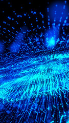 Fototapete - Exploding wave of luminous blue particles in motion against a dark background, resembling data streams or energy flows