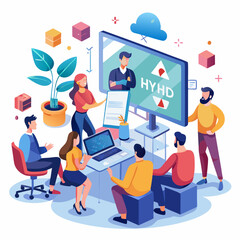 Fototapete - A group of people are gathered around a computer screen with the words HYHD on it. They are all working together on a project