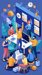 Fototapete - A group of people are gathered around a computer screen with the words HYHD on it. They are all working together on a project