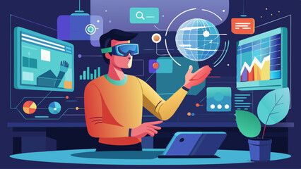 Poster - A man is wearing a virtual reality headset and is interacting with a computer screen. The scene is set in a modern office environment with a desk, a potted plant, and a keyboard