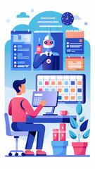 Poster - A man is standing in front of a white board with a man sitting behind him. The board has a lot of graphs and numbers on it. The man sitting is using a laptop