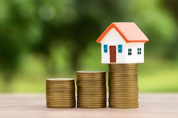 Poster - Small Model House on Stacked Coins Representing Real Estate Growth