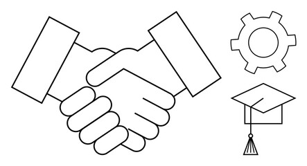 Poster - handshake signifies partnership, gear for innovation, and graduation cap for education. ideal for te