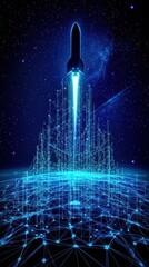 Poster - A futuristic rocket launches into a starry sky, surrounded by a network of glowing blue lines representing technology and connectivity.