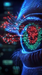 Poster - A close-up of a futuristic eye with vibrant digital circuits and glowing elements, symbolizing advanced technology and artificial intelligence.