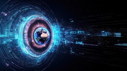 Poster - A futuristic depiction of Earth surrounded by digital elements, symbolizing technology and global connectivity.
