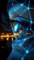 Poster - A close-up of an eye with digital effects, reflecting lights and geometric patterns, symbolizing technology and vision.
