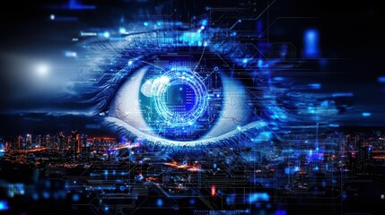 Poster - A futuristic digital eye superimposed on a cityscape, symbolizing technology, vision, and innovation.