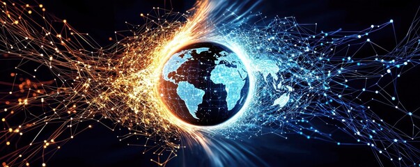 Fototapete - A digital representation of Earth surrounded by vibrant, interconnected lines representing data and connectivity in a technological landscape.