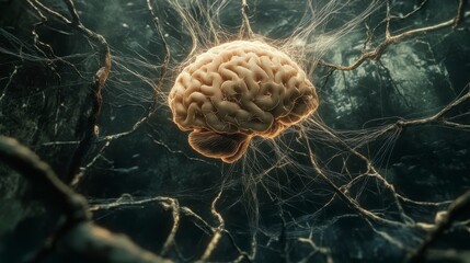 Poster - Human brain enveloped in intricate neural network, resembling roots or branches.
