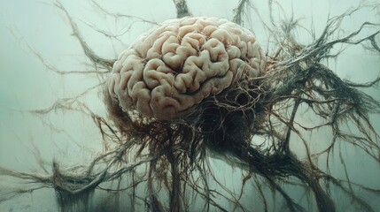 Poster - Human brain submerged, entangled in roots, depicting mental health or neurological concept.