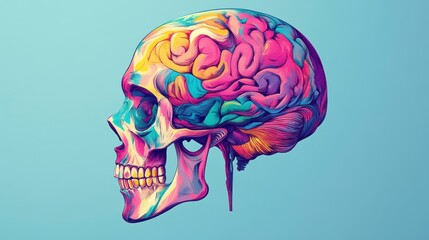 Poster - Colorful skull profile with vibrant brain inside.