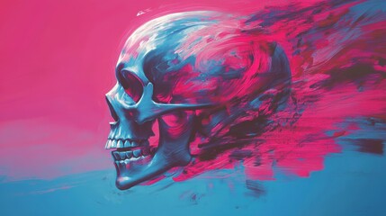Poster - Abstract skull profile in vibrant pink and blue paint strokes, suggesting movement and energy.