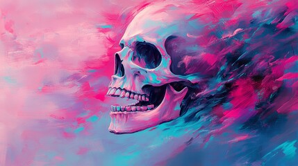 Poster - A vibrant, stylized skull emerges from a swirling, pink and blue abstract background.