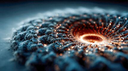 Poster - Radiant spiral design of glowing particles forming a deep vortex shape, surrounded by textured details and sparkling bokeh in cool tones