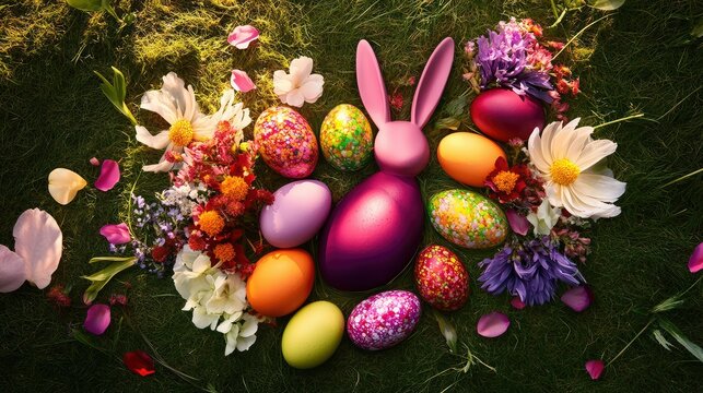 Whimsical Easter bunny silhouette crafted from bright eggs, surrounded by flower petals on grass