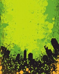 Poster - Abstract cityscape with vibrant green and yellow colors against a dark silhouette of buildings.