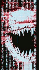 Poster - Abstract digital art featuring a menacing face with sharp teeth and glitch effects.