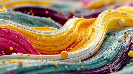 Poster - Twisted swirl of glossy paint in dynamic motion, with vibrant colors and droplets suspended in mid-air for a high-energy abstract visual