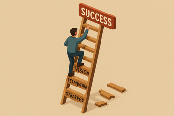 Poster - A person climbs a ladder labeled with strategy teamwork and vision symbolizing leadership and decision-making in business growth and success