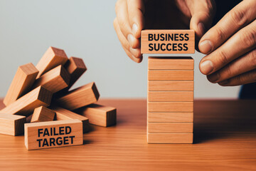 Poster - This illustrates the concept business success featuring wooden blocks labeled with 'business success' and 'failed target' symbolizing strategic planning and outcomes