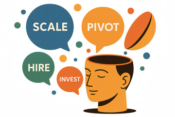 Poster - This conceptual depicts business strategy where decision-making investment hiring scaling and pivoting drive growth and innovation