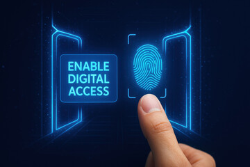 Poster - A digital fingerprint scan symbolizes secure identity verification as a strategic business decision enabling efficient digital access for growth