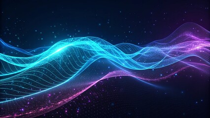 Poster - Blue Abstract Graphic particle Wave Background. Modern purple blue gradient flowing wave lines. Dark abstract background with glowing wave, futuristic motion energy design curve backdrop