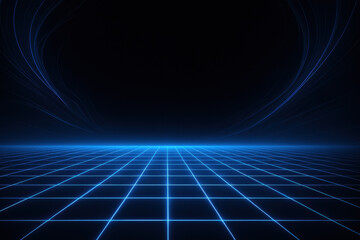 Poster - This captivating electric blue glowing grid floor seamlessly fades into an expansive black void evoking a sense infinite depth perfect for showcasing strategy and decision-making concepts