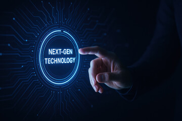 Poster - A hand interacts with a futuristic circular interface symbolizing innovation and strategic decision-making for business growth through next-generation technology