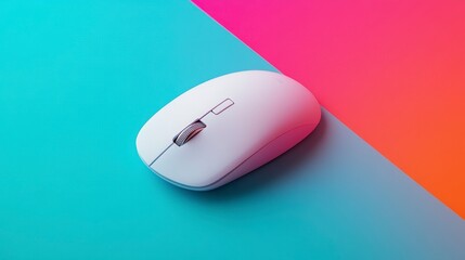 Poster - White wireless computer mouse on vibrant blue, pink, and orange background.