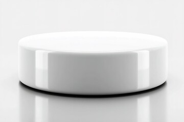 Poster - Round white display pedestal on a glossy surface for showcasing products in a modern retail setting