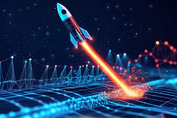 Poster - A futuristic rocket launches into space, leaving a trail of vibrant energy amidst a digital landscape, symbolizing innovation and exploration.