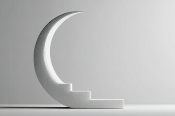 Poster - Modern white crescent moon sculpture with stairs against a plain background in a minimalist setting