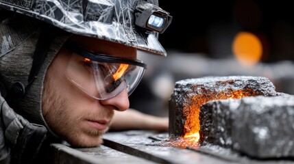 Poster - A man wearing a helmet and goggles is looking at a hot object