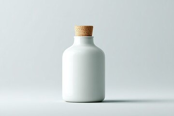 Poster - Simple white ceramic bottle with cork stopper on a plain background highlighting minimalist design