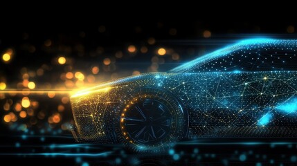 Poster - A futuristic car design illuminated by vibrant lights, showcasing a dynamic blend of technology and motion.