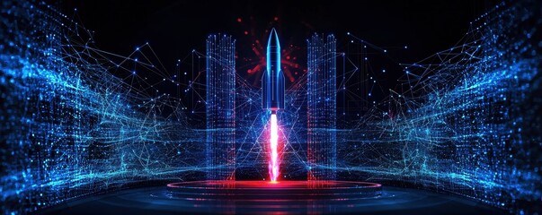 Fototapete - A futuristic digital scene featuring a rocket amidst vibrant blue and red lighting, symbolizing technology and innovation.