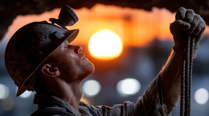 Aufkleber - A man in a hard hat is holding a rope