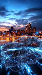 Poster - A futuristic car design illuminated with blue lights against a city skyline at sunset, showcasing digital art and urban beauty.