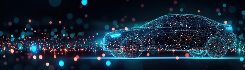 Poster - A digital representation of a car illuminated with glowing lines and dots, symbolizing technology and innovation in the automotive industry.