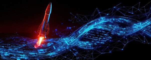 Poster - A digital rocket launches amidst a network of glowing blue lines, symbolizing technology and innovation in space exploration.