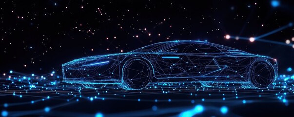 Fototapete - A futuristic digital representation of a car, outlined in glowing blue lines, set against a cosmic backdrop of stars and light connections.