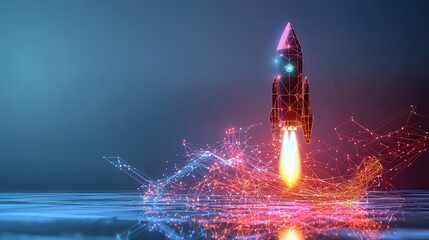 Fototapete - A digital rocket takes off, surrounded by vibrant geometric patterns and glowing effects, symbolizing innovation and technology.