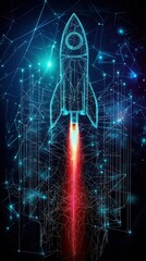 Fototapete - A futuristic rocket illustration with a glowing, geometric design, launching into a dark space filled with vibrant blue and red accents.