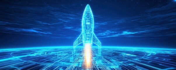 Fototapete - A futuristic rocket launches from a digital landscape, illuminated in blue, representing advanced technology and space exploration.