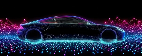 Fototapete - A futuristic, digital representation of a car with vibrant neon lights and a data-inspired background, symbolizing technology and innovation in the automotive industry.