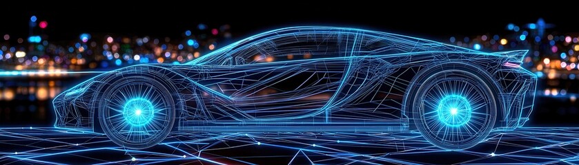 Poster - A futuristic car design is depicted in glowing blue lines against a night city backdrop, showcasing advanced technology and sleek aesthetics.