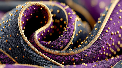 Poster - Highly detailed fabric texture in rich purple with golden stripes and tiny bead embellishments, creating a luxurious and elegant visual